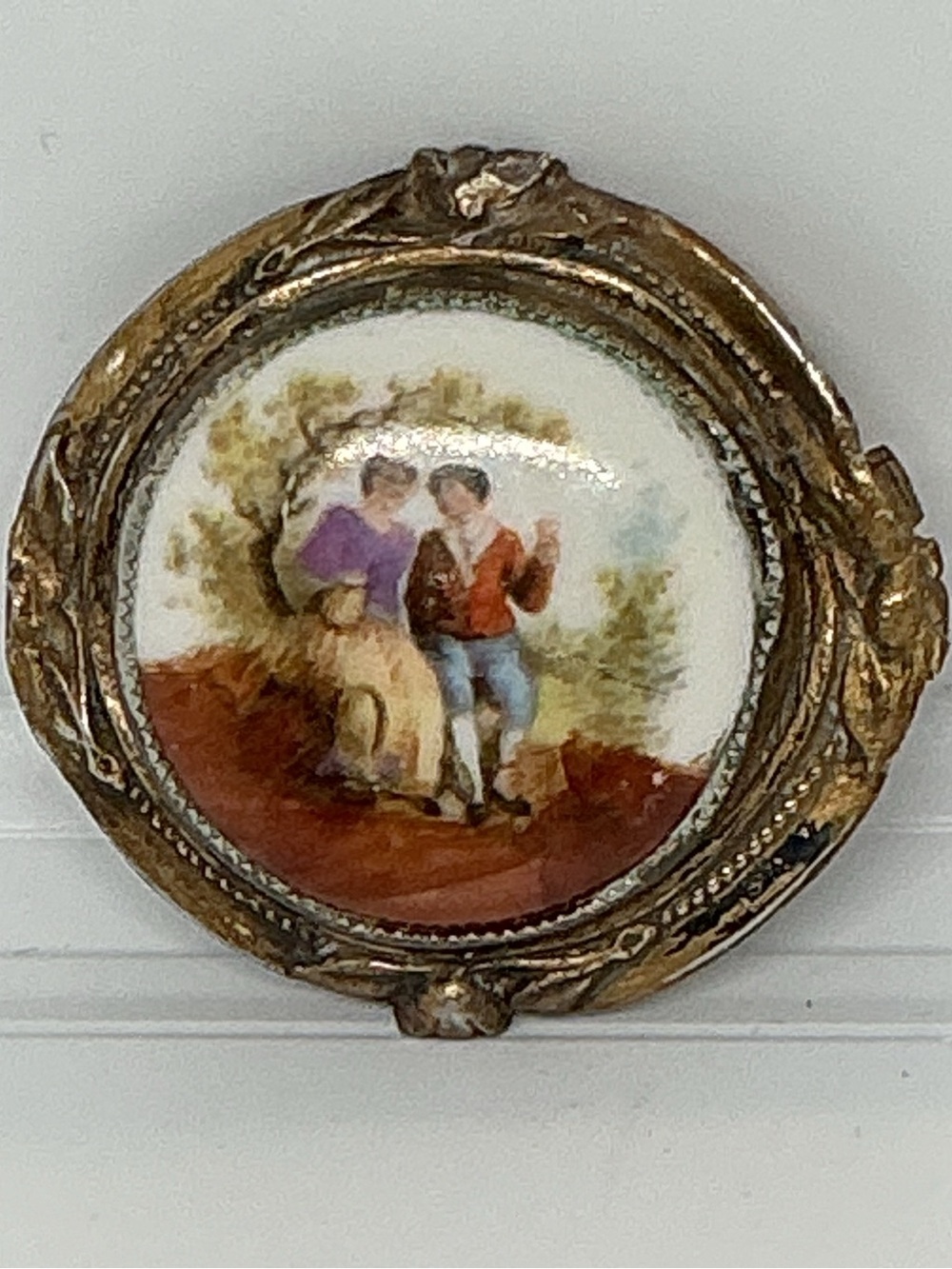 Antique Hand-Painted Porcelain Courting Couple Brooch, Gilt Rococo Frame